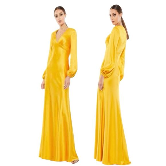 NWT Mac Duggal Dresses Mac Duggal Puffed Long Sleeve Satin Gown in Marigold Size - Picture 1 of 9